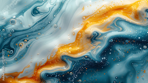 abstract of a blue and yellow swirl pattern with bubbles, in the style of conceptual painting, delicate chromatics, fluid acrylics, white background