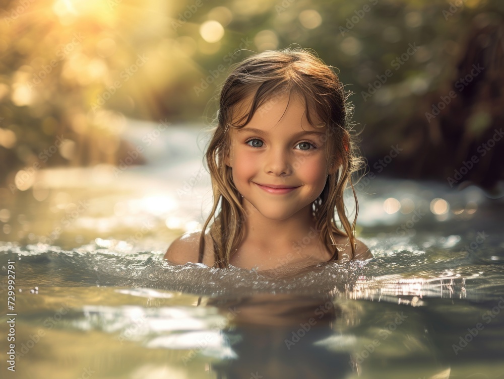 Cute Girl smile in waterfall
