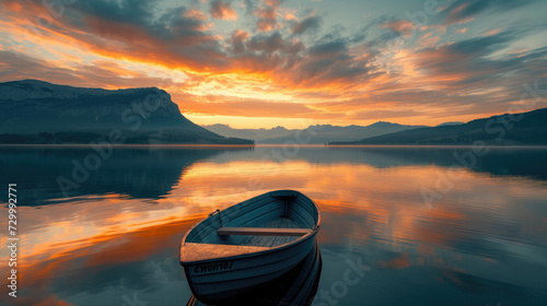Solitary boat on a lake with a background of mountains in the distance at sunset