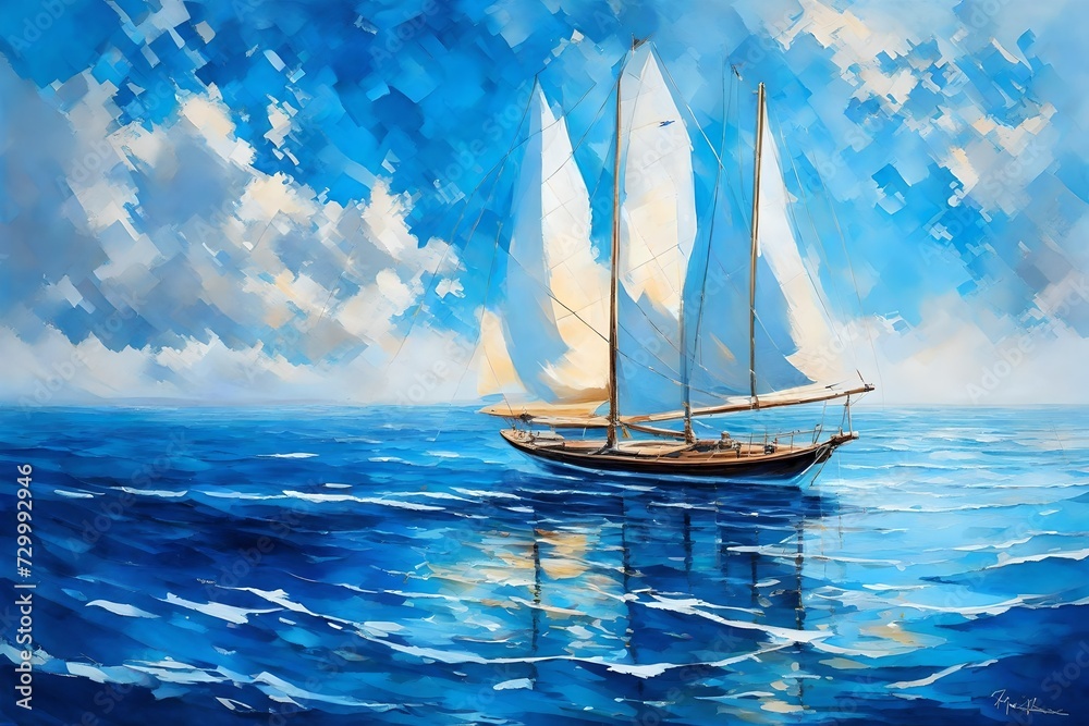 blue sailing boats wandering in the middle of the sea with travelling in the high speed abstract background view 