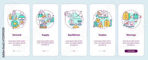 Market economic onboarding mobile app screen. Law of supply and demand walkthrough 5 steps editable graphic instructions with linear concepts. UI, UX, GUI template. Myriad Pro-Bold, Regular fonts used