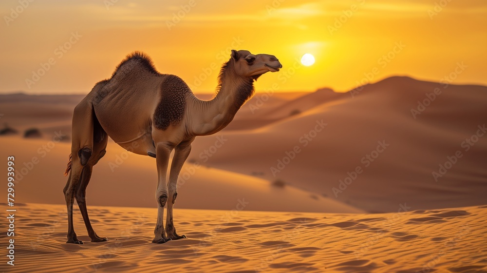 A serene desert scene comes to life with the graceful presence of a camel, standing tall amidst the golden sands as the sun sets. A serene desert scene comes to life with the graceful presence of a camel, standing tall amidst the golden sands as the sun sets.