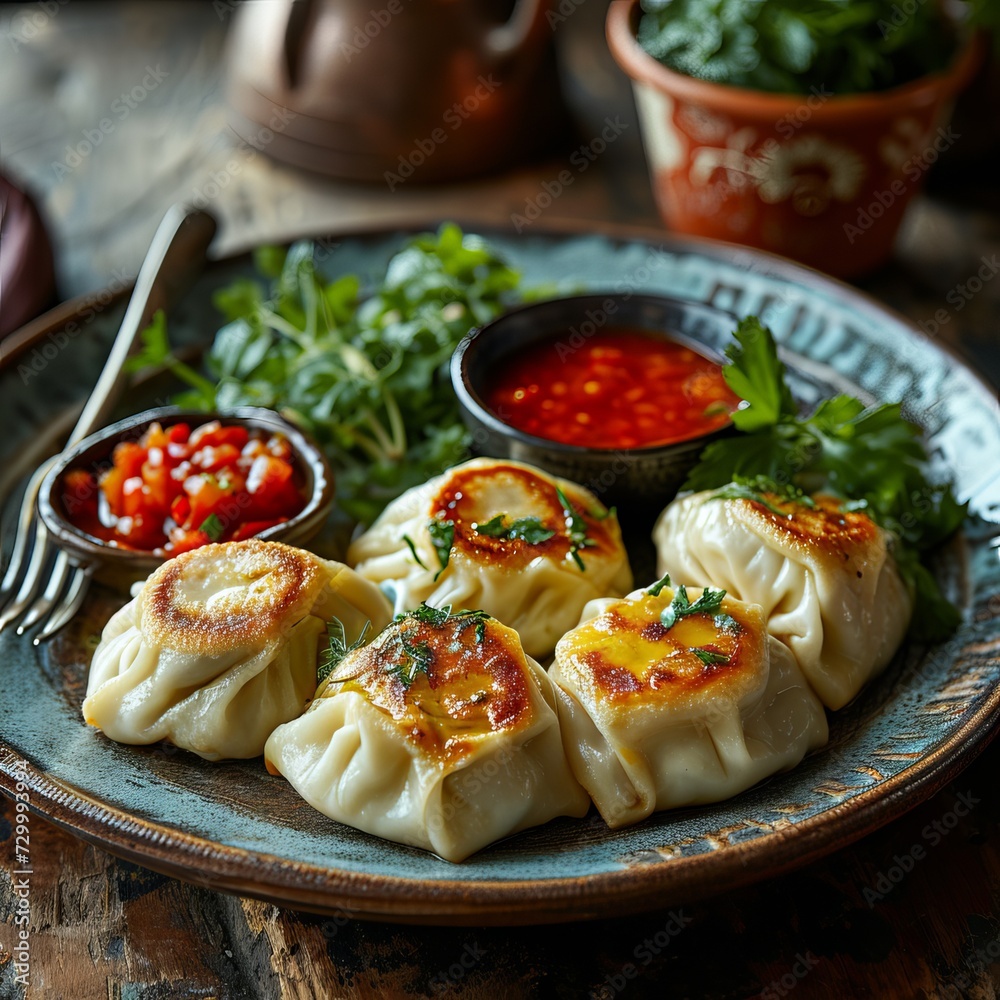 A plate with khinkali dumplings drizzled with sauce and sprinkled with green onions.
Concept: culinary blogs, recipes in magazines, advertising of Georgian restaurants, cultural exchange through food
A plate with khinkali dumplings drizzled with sauce and sprinkled with green onions.
Concept: culinary blogs, recipes in magazines, advertising of Georgian restaurants, cultural exchange through food