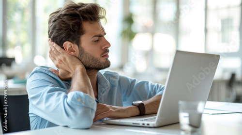 Young man is experiencing discomfort or neck pain while working on a laptop in a bright office setting.