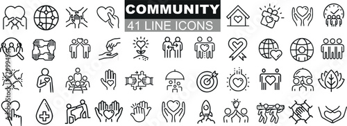 Community outline icons set. Features people, globe, home, heart. Ideal for web design, user interface, infographics. Adaptable, customizable for professional visual content creation