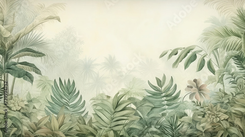 Retro mural photo wallpaper jungle leaves tropical forest vintage background graphics painting art card poster print interior - generative AI