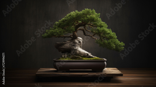 Juniper bonsai nestled in a serene Zen garden at dusk.