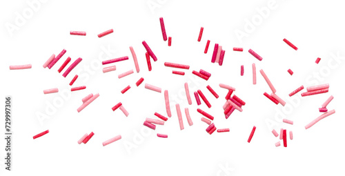 Sweet sugar pink sprinkles pile, granules scattered isolated on transparent background, png, top view photo