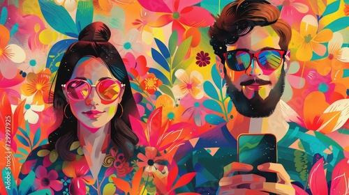 Colorful illustration of a couple of young people, students using phones