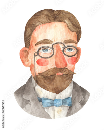 Watercolor cartoon portrait of man with vintage glasses and beard. Russian writer Anton Chekhov photo