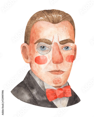 Watercolor cartoon portrait of man with monocle and red bow tie. Russian writer Mikhail Bulgakov