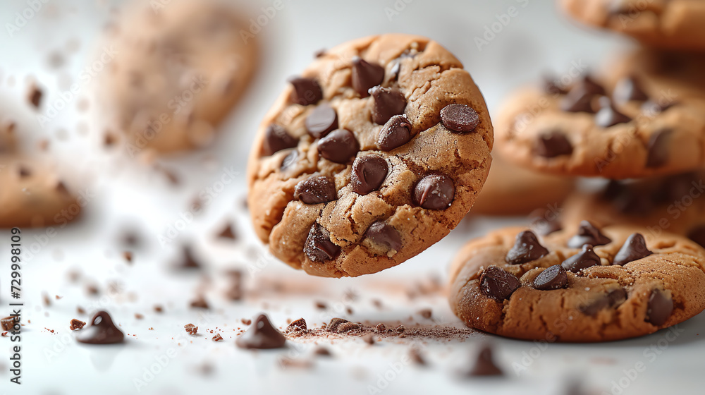 Delicious chocolate chip cookies flying in air on blurred background, closeup
Delicious chocolate chip cookies flying in air on blurred background, closeup
