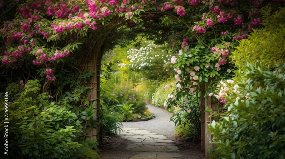 Honeysuckle archway creating a charming entrance in a cottage garden. Honeysuckle archway creating a charming entrance in a cottage garden.