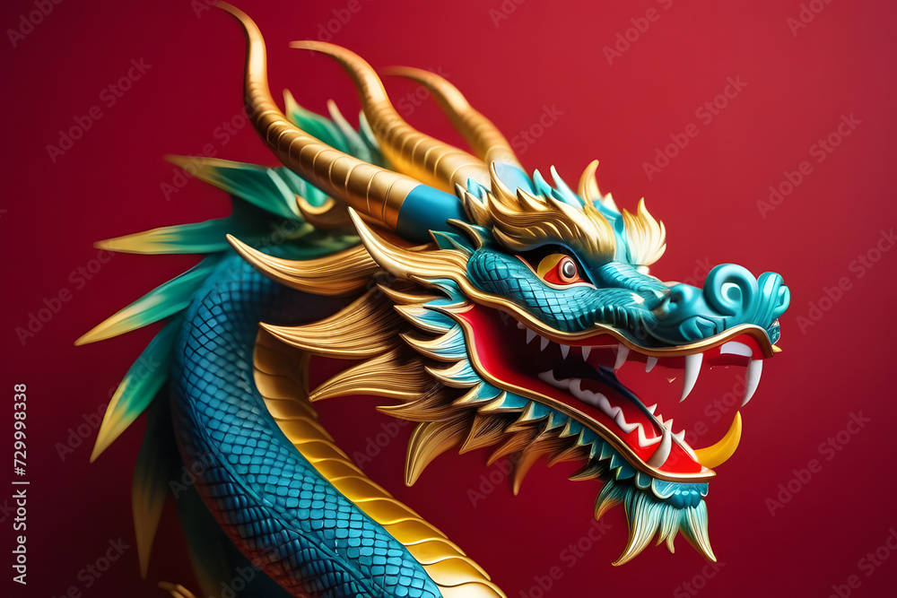 rendering of a green, blue, and gold colored dragon isolated on a red background.