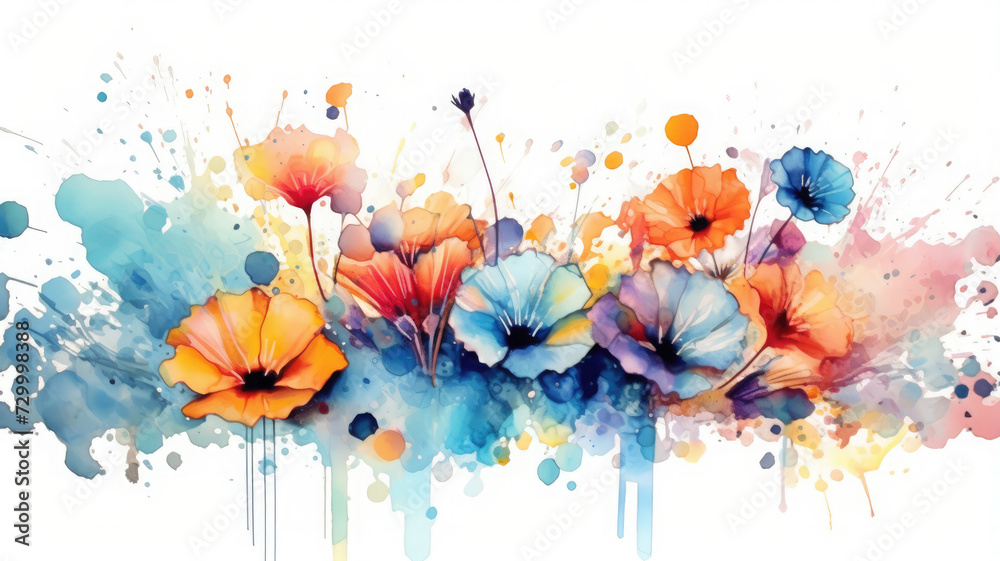 Watercolor border wildflowers floral illustration: summer flower, blossom, poppies, chamomile, dandelions, cornflowers, lavender, violet, bluebell, clover, buttercup, butterfly. Generative AI