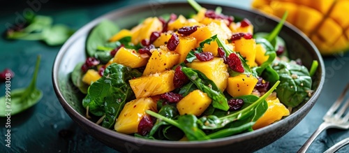 Salad with mango, pineapple, spinach, and dried cranberries.