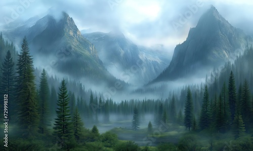 Realistic mountain landscape in muted colors.