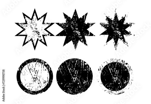 Conjunto de formas de estrella y de círculos con textura grunge. Recurso gráfico de estrellas sobre fondo transparente para diseños de pegatinas, logotipos, insignias, photo