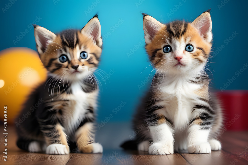 Two cute kittens sitting on a wooden floor looking at the camera with big blue eyes