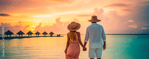 Romantic Bliss in the Maldives: A happy couple basks in the dreamy paradise of the Maldives, where every moment is infused with passion, cumplicity, and the serenity of a perfect vacation.