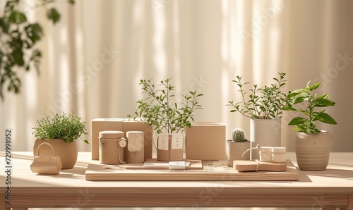 A desk adorned with packing materials and plants, arranged in minimalist grids against a beige backdrop, captures the essence of modern commercial product photography