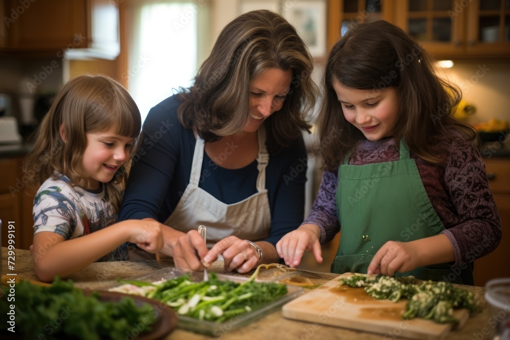 Mother Teaching Daughters Cooking with Fresh Vegetables in Kitchen
