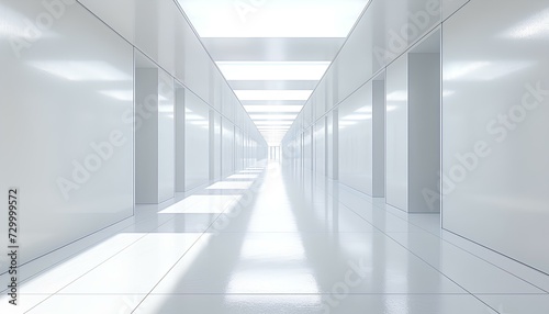 Spacious white corridor with bright lighting. generative AI