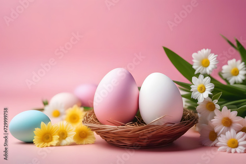 Pink and white Easter eggs in a nest with chamomile flowers on a pink background