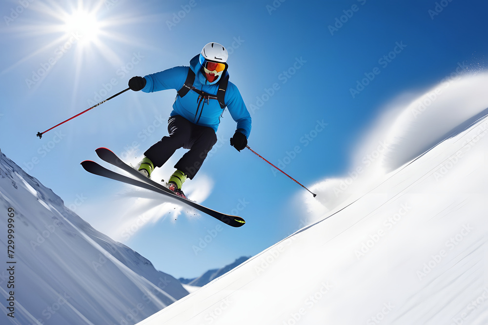 Male skier jumping over a snowy mountain slope on a sunny day with blue sky in the background