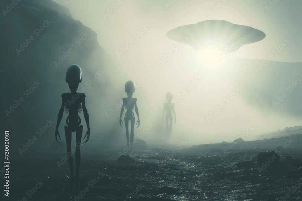 Silhouette of alien creatures emerging from a foggy landscape
