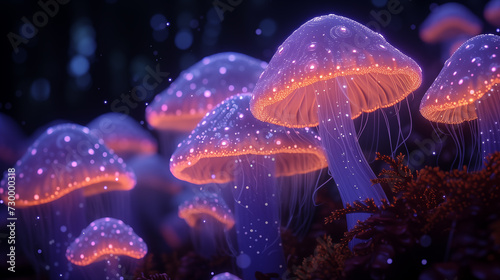 Fantasy mushrooms in the forest. 3d render illustration. © D-Stock Photo