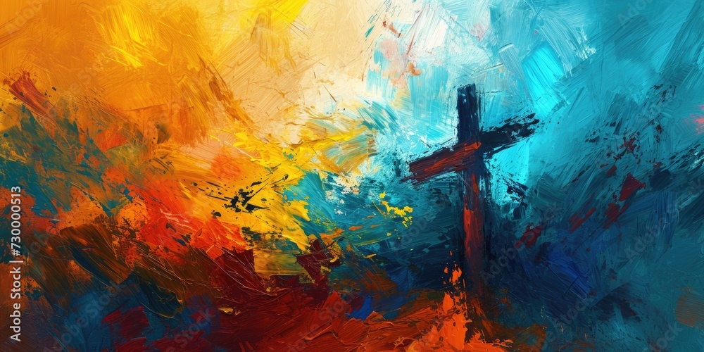 Resurrection: Vibrant Abstract Painting of Cross and Calvary Scene - obrazy, fototapety, plakaty 