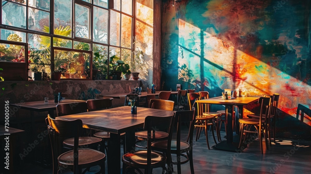 Colorful Mural Restaurant: A Quaint and Cozy Dining Setting with Wooden Tables and Chairs