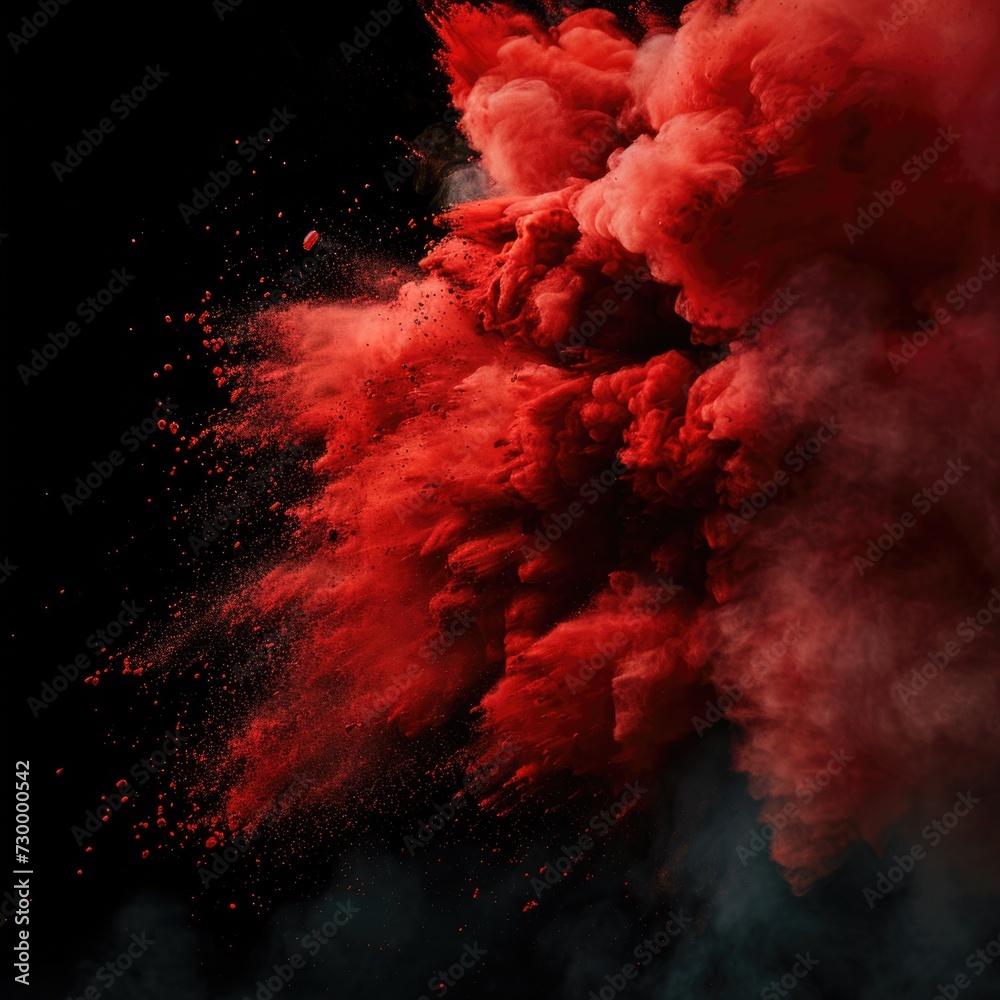 Crimson Burst: Fiery Red Powder Explosion on Dark Background - obrazy, fototapety, plakaty 