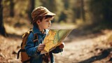 Curious Young Explorer: Boy with Backpack Reading Map in the Forest
