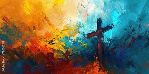 Resurrection: Vibrant Abstract Painting of Cross and Calvary Scene photo