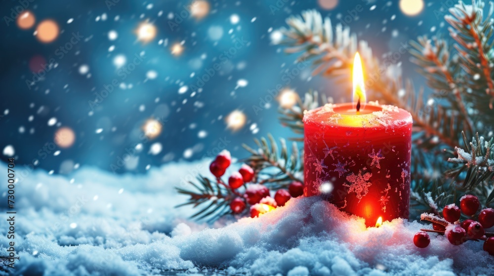 Snowy Advent Candlelight: Festive Fir Branches and Ornaments in Wintry Scene Snowy Advent Candlelight: Festive Fir Branches and Ornaments in Wintry Scene