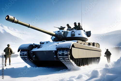 Modern Army Tank Driving Through Snow With Soldiers Providing Security in the Mountains