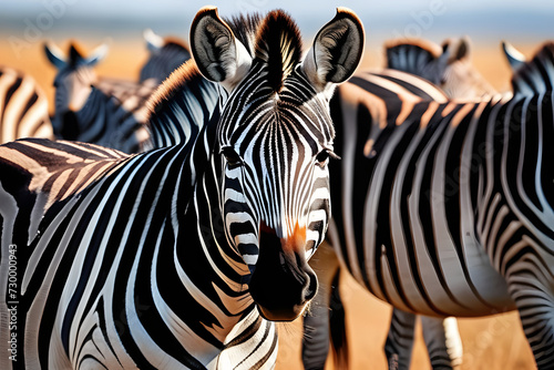 Striped African Wildlife Zebra Portrait Close Up With Herd In The Background On Safari