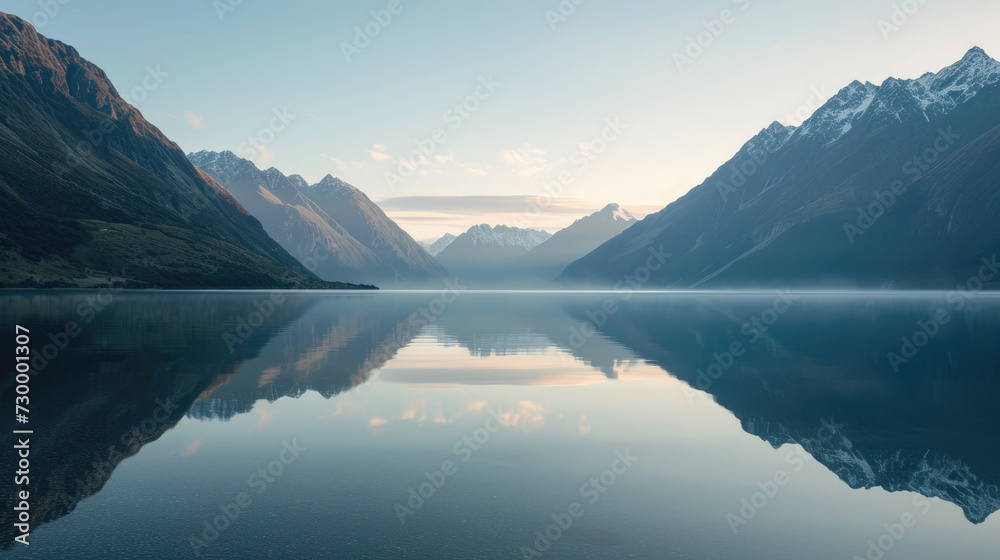 Reflection of dawn on a calm lake with the majesty of misty mountains