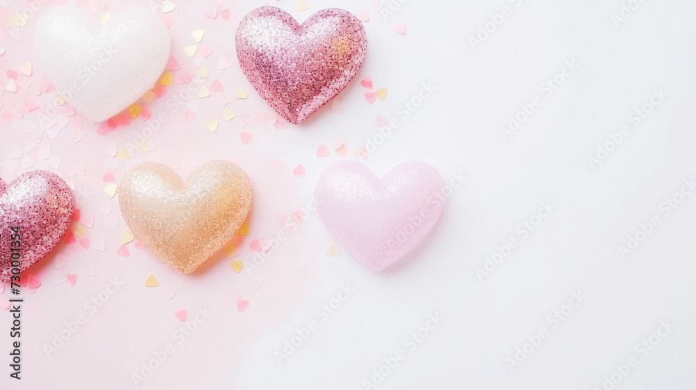 Aesthetic pink and gold hearts on light background. Minimalist love concept. Copy space. Generative AI