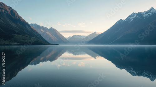Reflection of dawn on a calm lake with the majesty of misty mountains photo