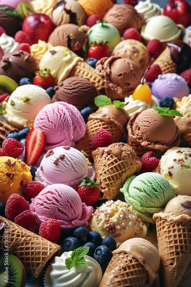  ice cream in pastel colours served in wafers with a variety of fruits and toppings.  AI generative.