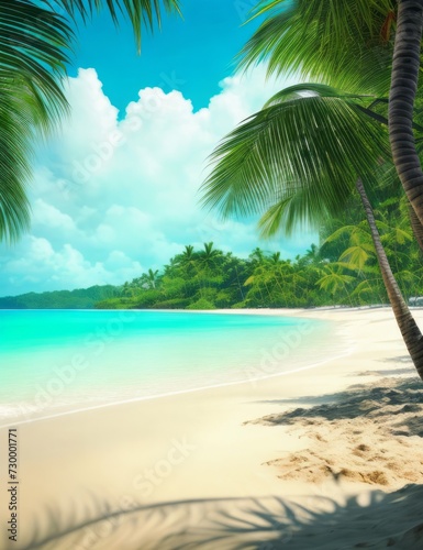 A serene tropical beach with palm trees and a clear blue sky © DaveCoo