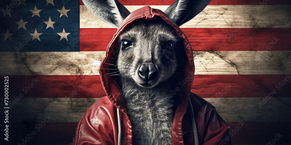 Kangaroo against digitally generated American flag in grunge , Australia Day,  - obrazy, fototapety, plakaty 