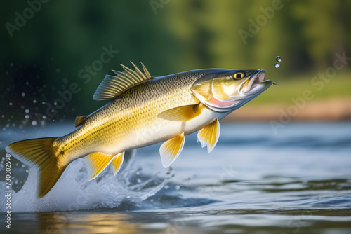 Golden fish jumping with a fishing hook in its mouth above the water surface