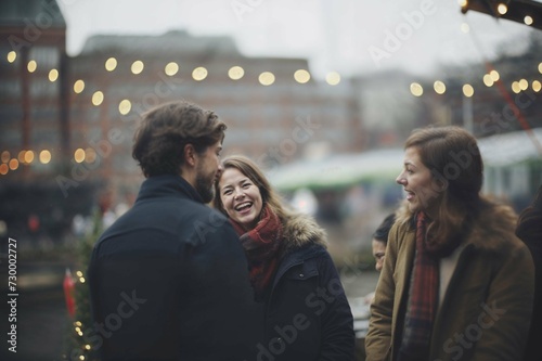Joyful Reunion of Friends in Winter Market: Warm Laughter amidst Cold Season © Zickert Media