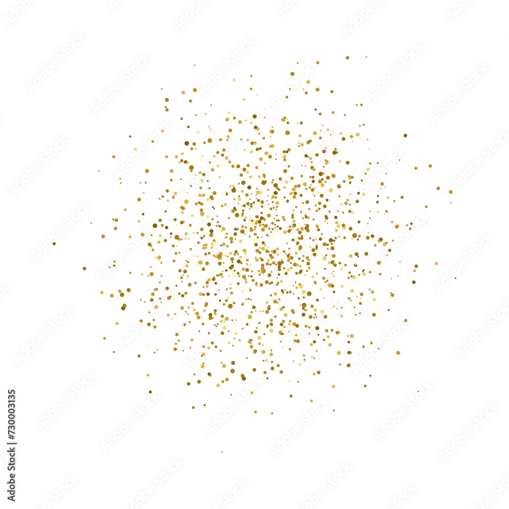 Gold glitter dots on transparent background. Bright dust explosion. Golden glitter particles splatter. Sparkling firework. Luxury design element. Vector illustration 