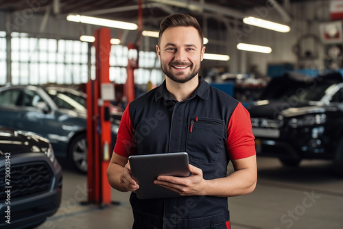 Automotive service advisor with tablet in hands, in car repair shop.  photo