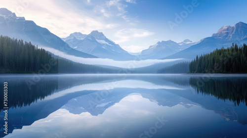 Reflection of dawn on a calm lake with the majesty of misty mountains © boxstock production